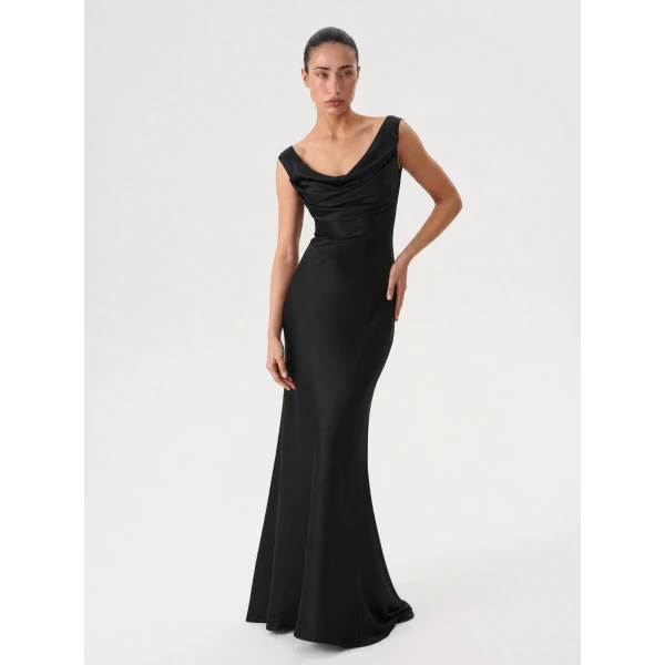Rasario Printed Satin Draped Maxi Dress in Black, view 3