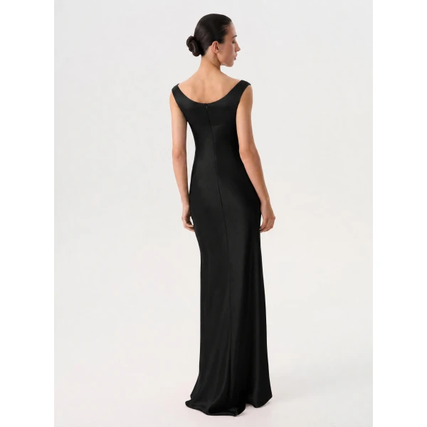 Rasario Printed Satin Draped Maxi Dress in Black, view 4