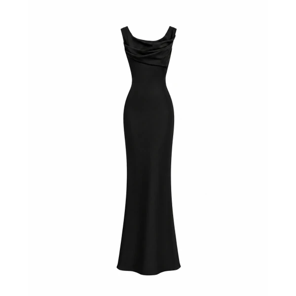 Printed Satin Draped Maxi Dress in Black
