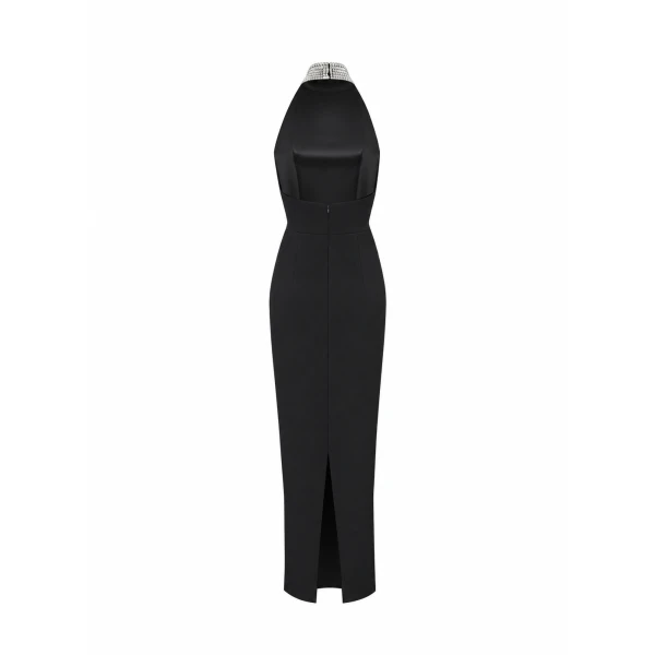 Rasario Satin Maxi Dress with a Crystal Embellished Neck in Black, view 2
