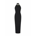 Rasario Satin Maxi Dress with a Crystal Embellished Neck in Black