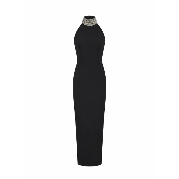 Satin Maxi Dress with a Crystal Embellished Neck in Black