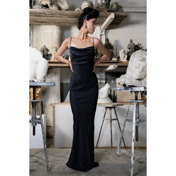 Rasario Satin Slip Gown in Black, view 3