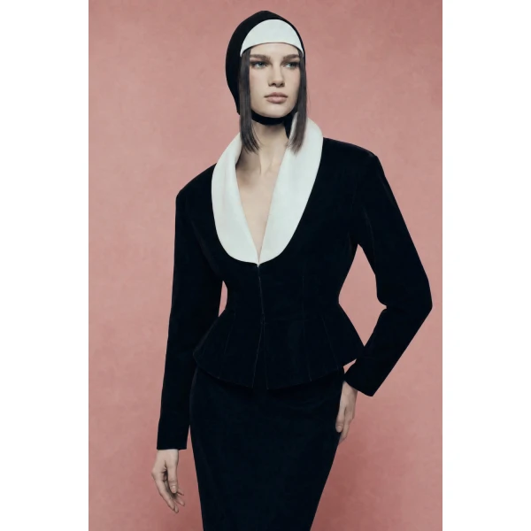 Rasario Velvet Fitted Jacket with Satin Collar in Black, view 5