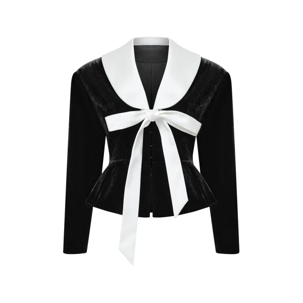 Velvet Fitted Jacket with Satin Collar in Black