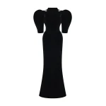 Rasario Velvet Maxi Dress with Panniers and Puff Sleeves in Black