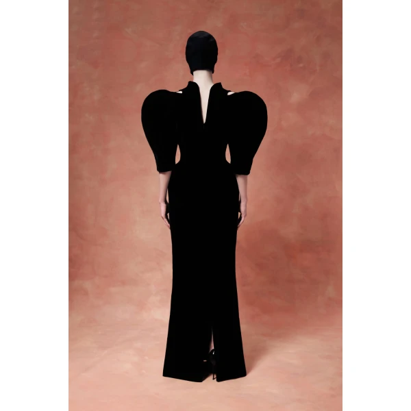 Rasario Velvet Maxi Dress with Panniers and Puff Sleeves in Black, view 5