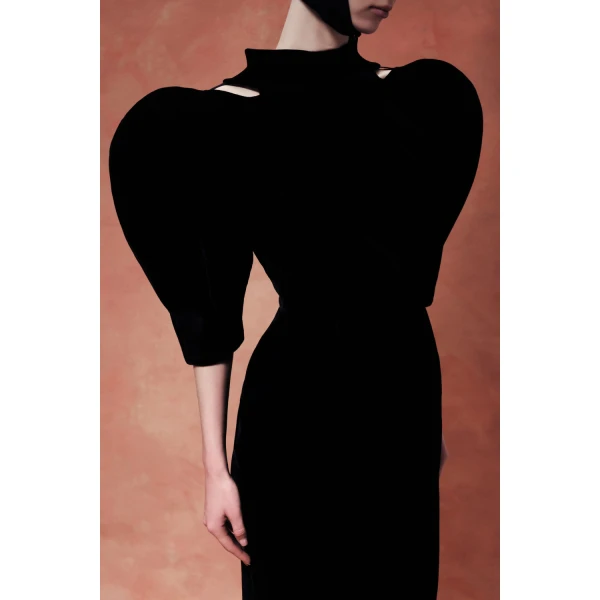 Rasario Velvet Maxi Dress with Panniers and Puff Sleeves in Black, view 6