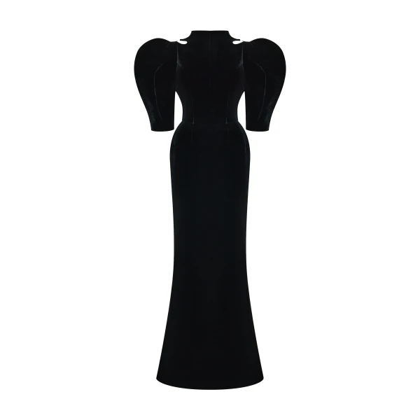 Rasario Velvet Maxi Dress with Panniers and Puff Sleeves in Black