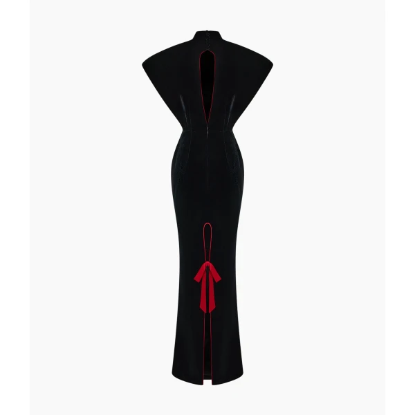 Rasario Velvet Maxi Dress with Sculptural Sleeves and Teardrop Back in Black, view 2