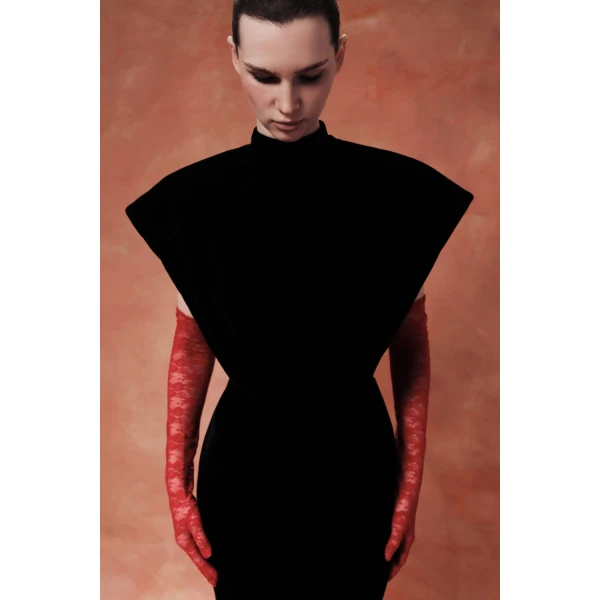 Rasario Velvet Maxi Dress with Sculptural Sleeves and Teardrop Back in Black, view 4