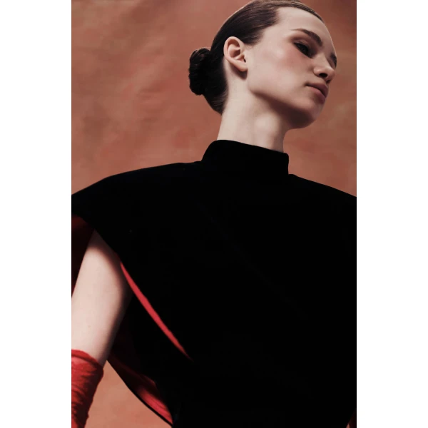 Rasario Velvet Maxi Dress with Sculptural Sleeves and Teardrop Back in Black, view 6