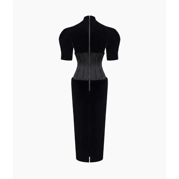 Rasario Velvet Midi Dress with Corset in Black, view 2