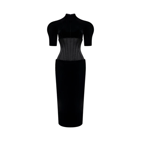 Rasario Velvet Midi Dress with Corset in Black