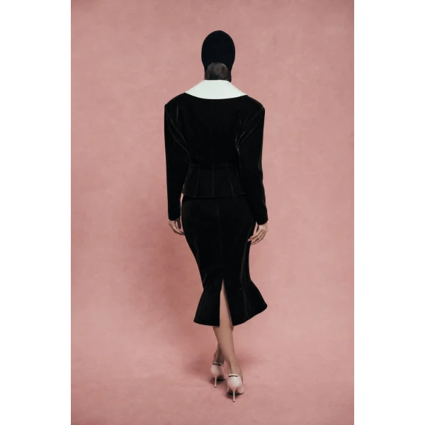 Rasario Velvet Midi Skirt with a Yoke in Black, view 4