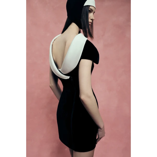 Rasario Velvet Mini Dress with a Deep Back Neckline in Black, view 3