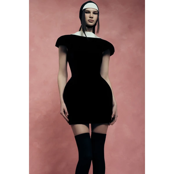Rasario Velvet Mini Dress with a Deep Back Neckline in Black, view 4