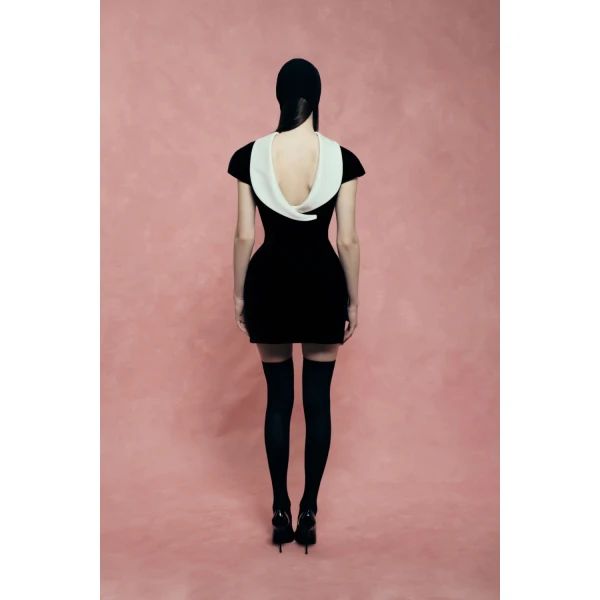 Rasario Velvet Mini Dress with a Deep Back Neckline in Black, view 5