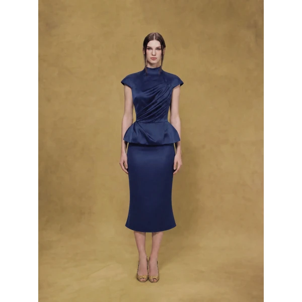 Rasario Crepe Satin Draped Top in Blue, view 5