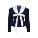 Rasario Velvet Fitted Jacket with Satin Collar in Dark Blue