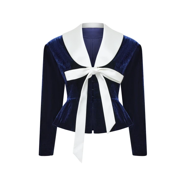 Rasario Velvet Fitted Jacket with Satin Collar in Dark Blue