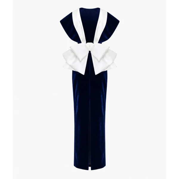 Rasario Velvet Maxi Dress with an Open Back and Satin Bow in Dark Blue, view 2
