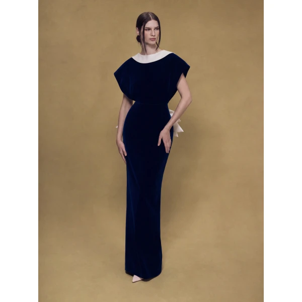 Rasario Velvet Maxi Dress with an Open Back and Satin Bow in Dark Blue, view 3