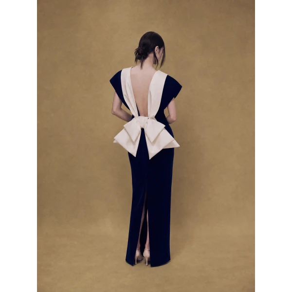Rasario Velvet Maxi Dress with an Open Back and Satin Bow in Dark Blue, view 4