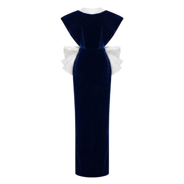 Velvet Maxi Dress with an Open Back and Satin Bow in Dark Blue