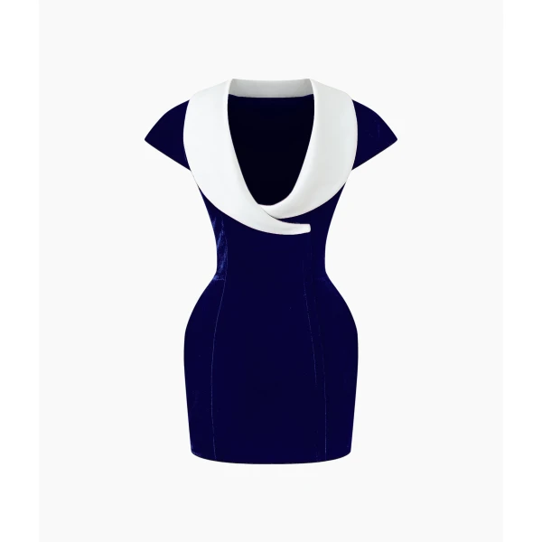 Rasario Velvet Mini Dress with a Deep Back Neckline in Dark Blue, view 2