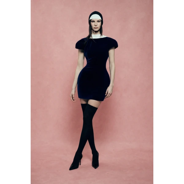 Rasario Velvet Mini Dress with a Deep Back Neckline in Dark Blue, view 5