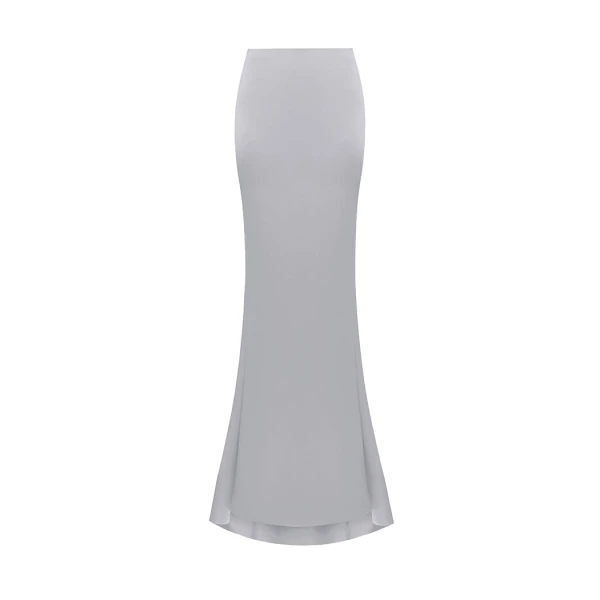 Draped Satin Maxi Skirt with a Train in Grey