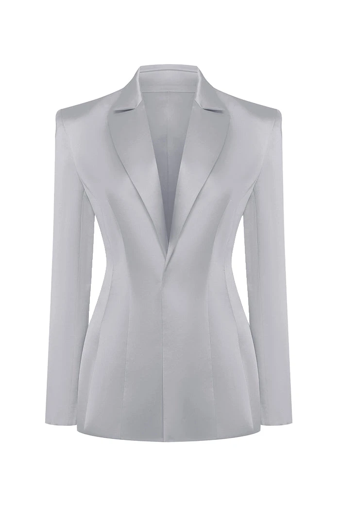 Single-Breasted Satin Jacket in Grey