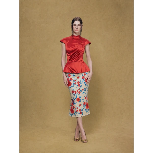 Rasario Crepe Satin Midi Skirt in Beige, view 3