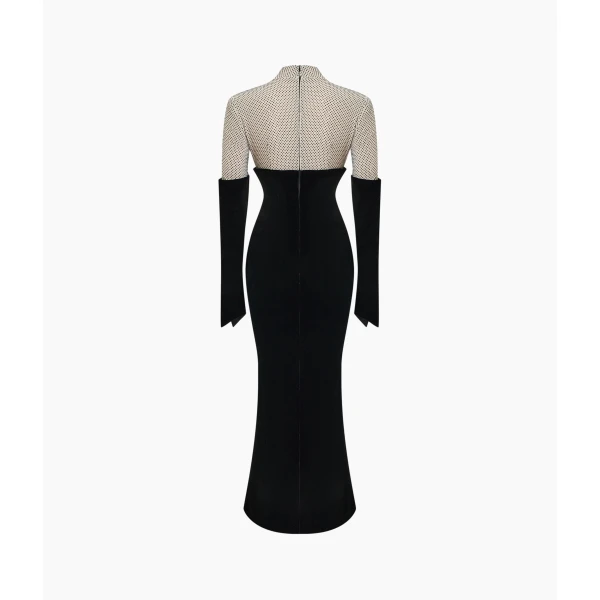 Rasario Crystal-Embellished Velvet Midi Dress in Black and Beige, view 2