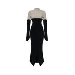 Rasario Crystal-Embellished Velvet Midi Dress in Black and Beige