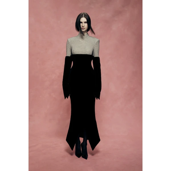 Rasario Crystal-Embellished Velvet Midi Dress in Black and Beige, view 3