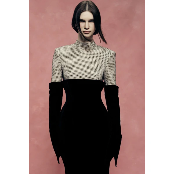 Rasario Crystal-Embellished Velvet Midi Dress in Black and Beige, view 4