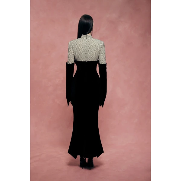 Rasario Crystal-Embellished Velvet Midi Dress in Black and Beige, view 5