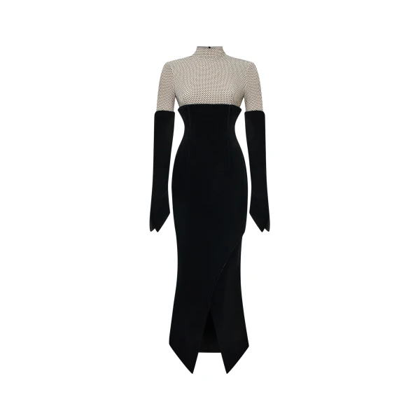 Crystal-Embellished Velvet Midi Dress in Black and Beige
