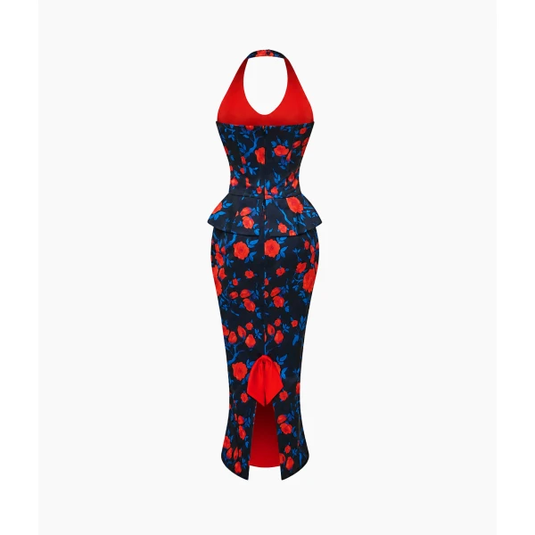 Rasario Floral Crepe Satin Halterneck Dress in Black, view 2