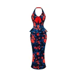 Rasario Floral Crepe Satin Halterneck Dress in Black