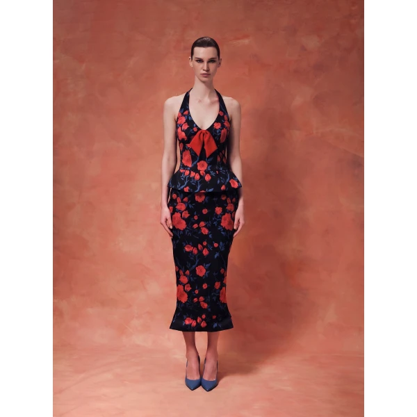 Rasario Floral Crepe Satin Halterneck Dress in Black, view 3
