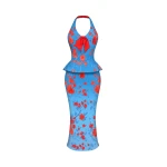 Rasario Floral Crepe Satin Halterneck Dress in Blue