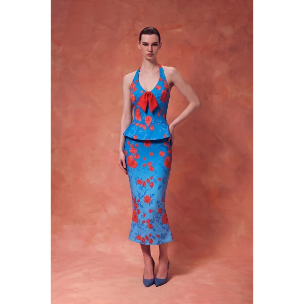 Rasario Floral Crepe Satin Halterneck Dress in Blue, view 3
