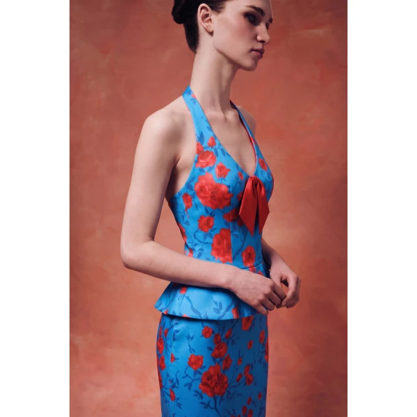 Rasario Floral Crepe Satin Halterneck Dress in Blue, view 4