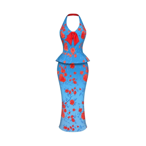 Floral Crepe Satin Halterneck Dress in Blue