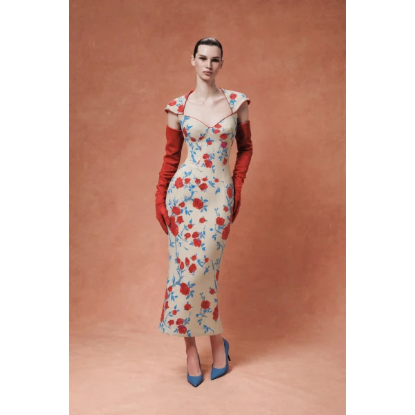 Rasario Floral Satin Midi Dress in Beige, view 3