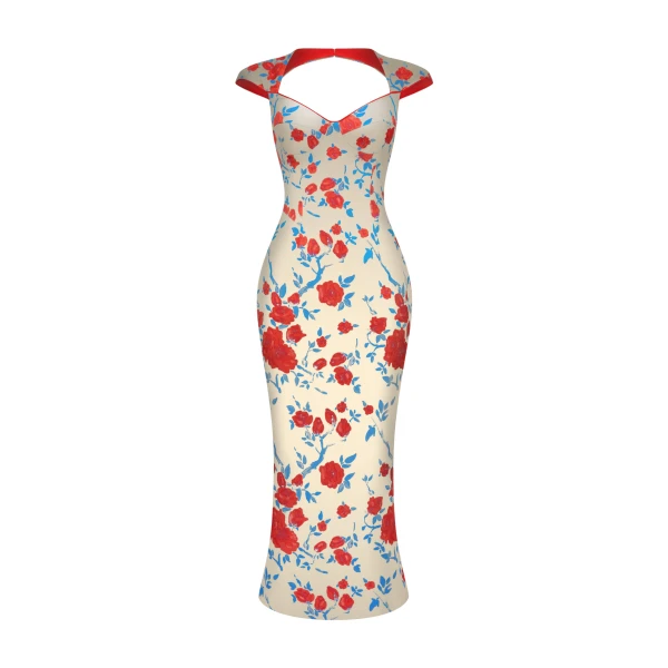 Floral Satin Midi Dress in Beige