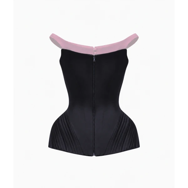 Rasario Off-the-Shoulder Satin Corset Top with Sculpted Hip Panniers in Black and Pink, view 2